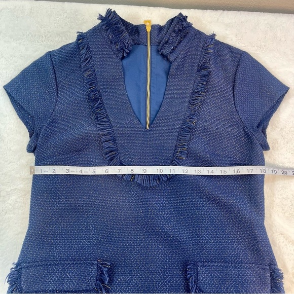Sail to Sable Navy Blue Gold Metallic Tweed Fringe Tunic Shift Dress Size 10 - Picture 12 of 14